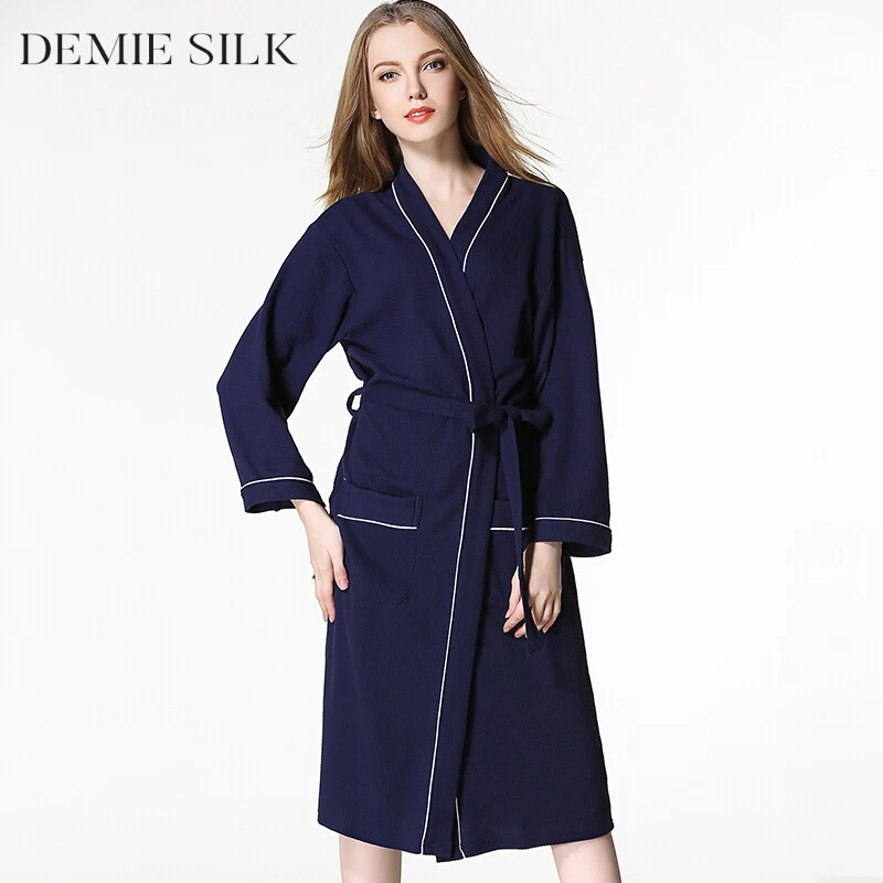 Demiesilk Women Cotton Robes Sleepwear Bathrobes Solid Color Long