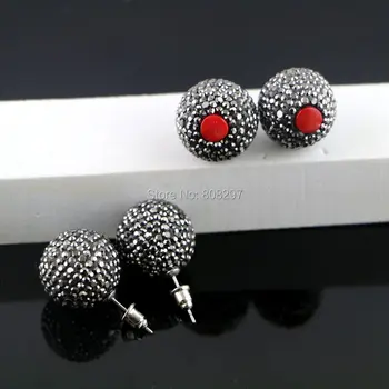 

New Style 15mm Pave Rhinestone Crystal Coral Charms Ball Shape Stud Earrings For Women Fashion Jewelry 5pair