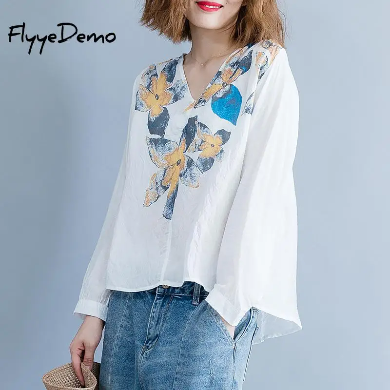 

2019 New Womens Long Sleeve Sexy V Neck Floral Print Tops Fashion Ladies Summer Autumn Casual Blouse Loose Shirt Plus Size