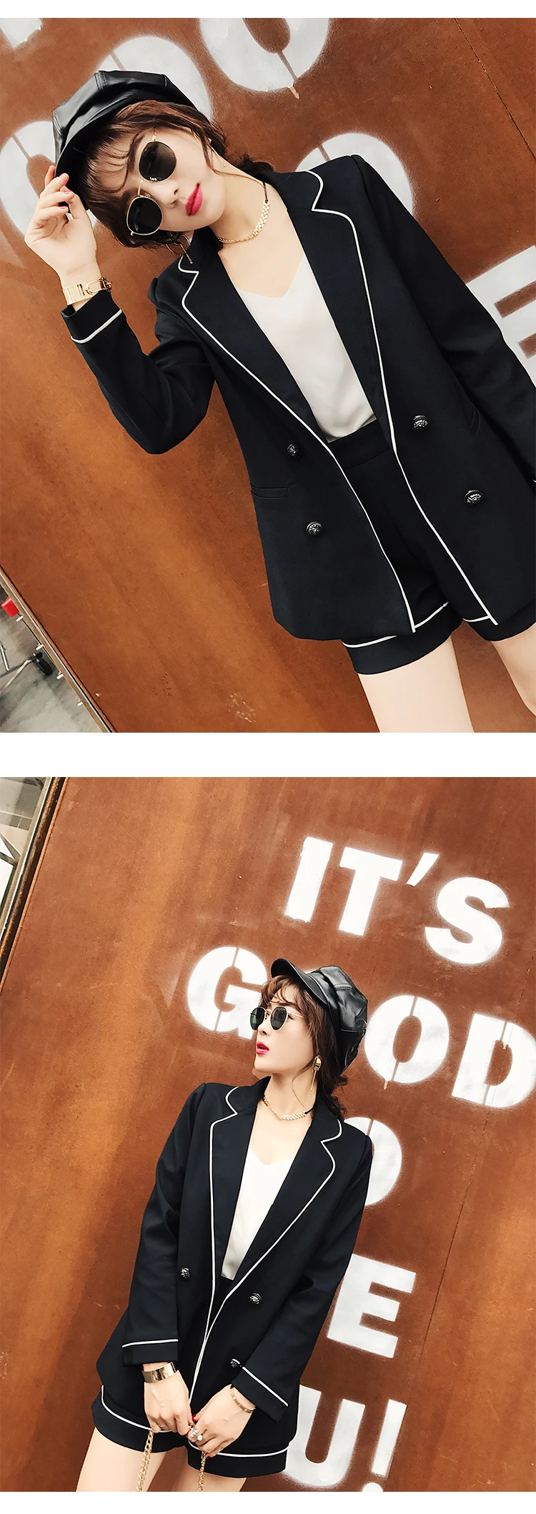 Комплект из 2 предметов, белый блейзер с длинными рукавами, костюм с шортами, комплект из двух предметов, Корейская одежда, осень 2019, женская