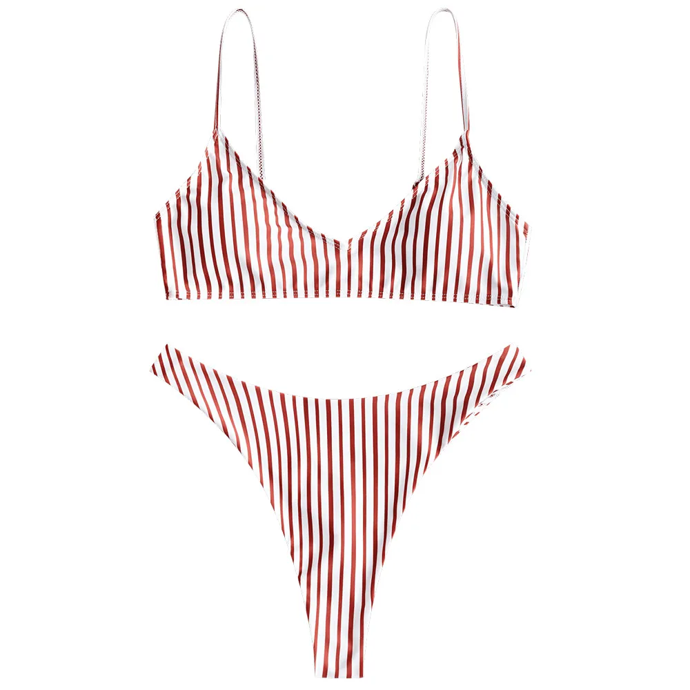 

ZAFUL Striped High Cut Biquni FemmeThong Bikini Set Brazilian Swimsuit Spaghetti Straps Women Swimwear High Leg Bathing Suit