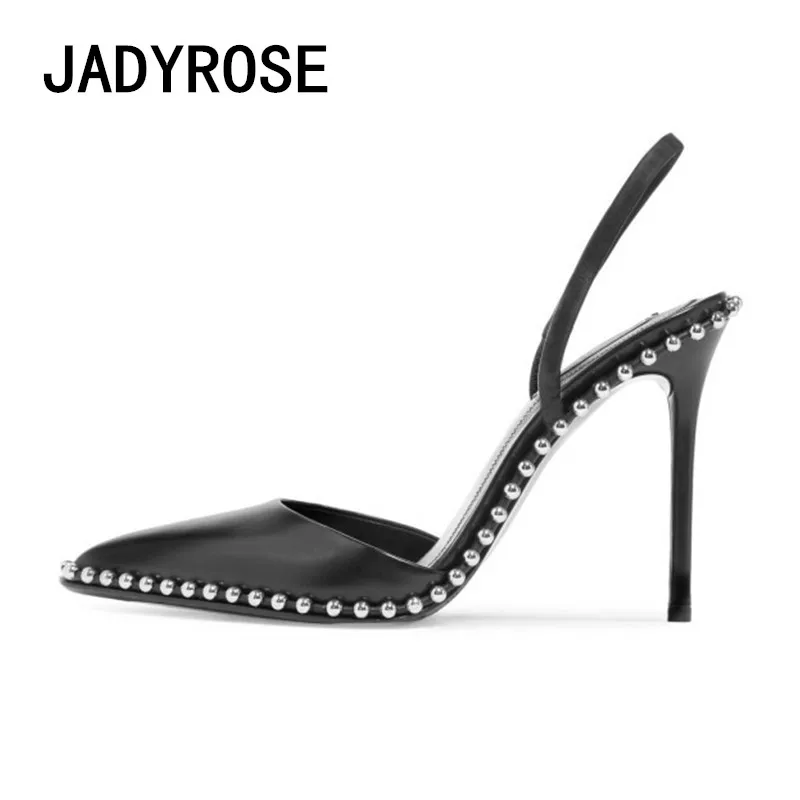 

Sexy Pointed Toe Women Pumps Black Leather Formal Business Wedding Shoes Woman Studded Design Tenis Feminino Slingbacks Stiletto