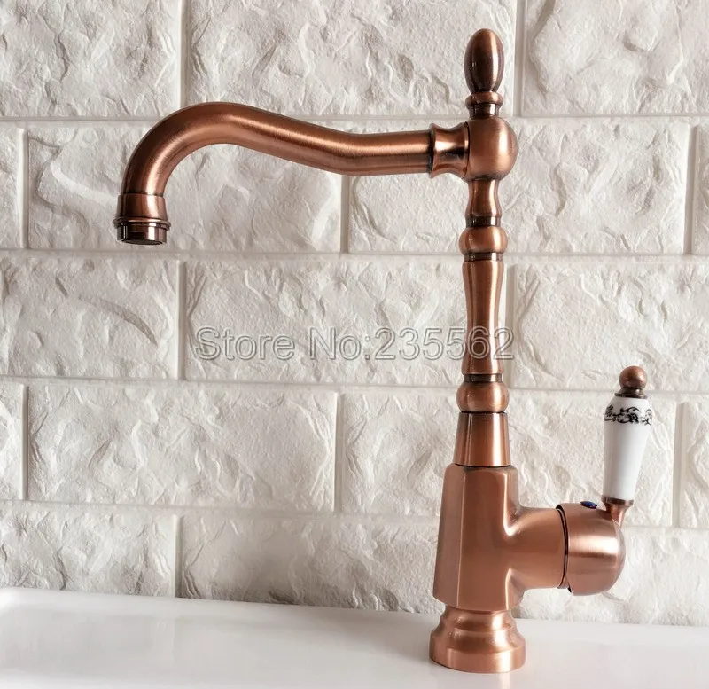 Antique Red Copper Kitchen Sink Faucet Washbasin Faucets Ceramic Lever Cold & Hot Water Mixer Bathroom Taps Deck Mounted lnf418