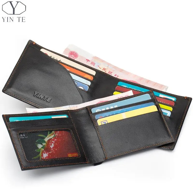 ФОТО YINTE Men's Wallet Genuine Leather Business Casual Credit Card ID Holder Money Clip Black Wallet Two Layer Clip Portfolio T0838C