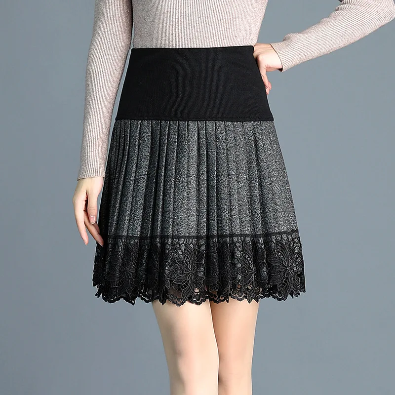 

2019 Spring New Woolen Pleated Skirt Women Korean Lace Stitching Elastic Knit A Line Skirt Plus Size Black Gray Mini Skirts