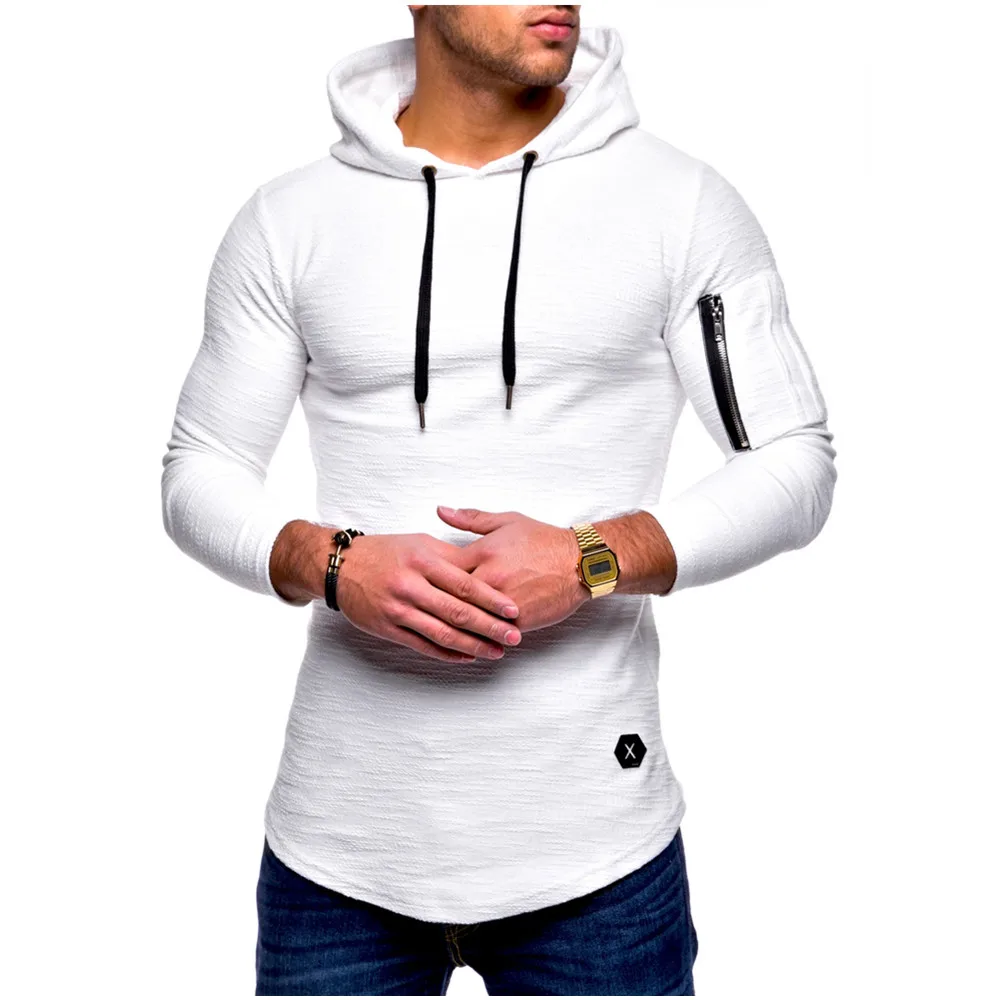 Модная мужская повседневная облегающая футболка с капюшоном, одноцветная футболка с длинным рукавом на молнии в стиле хип-хоп с карманом для телефона - Цвет: White