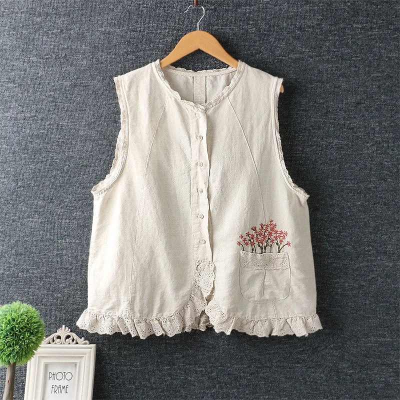 

Retro Ruffles Sleeveless Shirt Women Literary Summer Tank Tops Cototn Linen Loose Pocket Embroidery Flowers Khaki Beige Vest Top