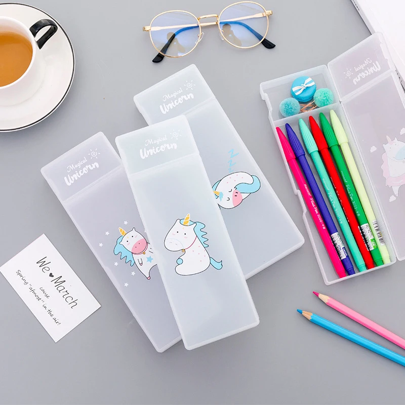 

1pc 21*7cm Cute Cartoon Unicorn Plastic Translucent Pencil Case Eraser Pen Box Stationery Storage Box Kids Gift School Supply