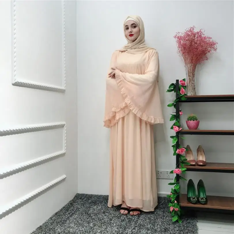 Фабрика большой расклешенный рукав мусульманские abayas syari арабские женщины полная Длина оборками кружева мусульманские халаты Рамадан абаи с поясом wq980 - Цвет: apricot