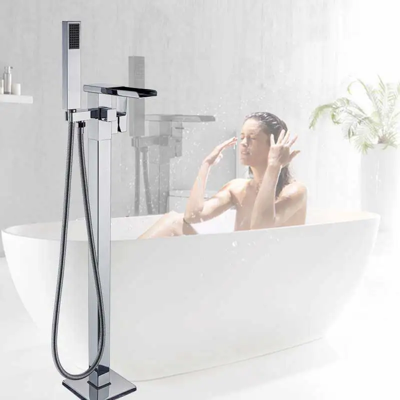 Хромированный Водопад кран для ванны с одной ручкой хромированный напольный смеситель для ванны с ручным душ отдельно Стоящий Кран для ванны - Цвет: Chrome