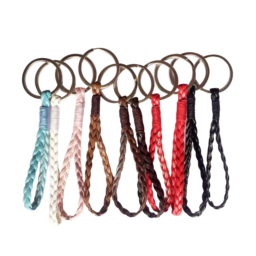 10pcs Mixed Braided Leather Rope Strap Woven Keychain Keyrings Metal