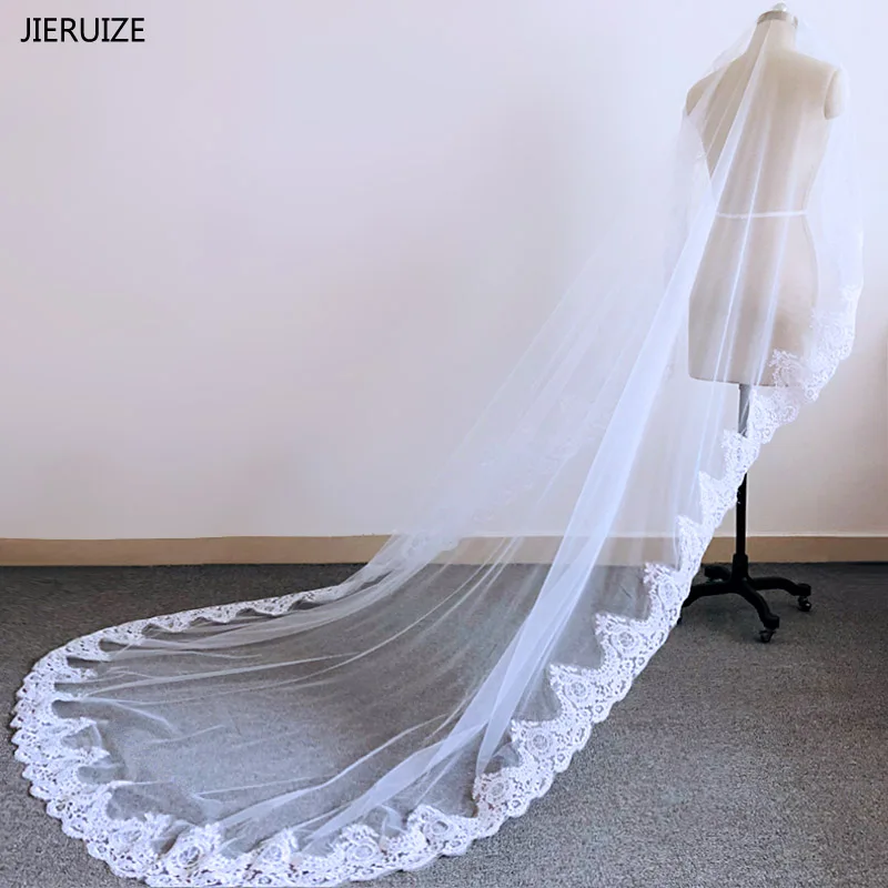 

JIERUIZE 3 Meter White Ivory Cathedral Wedding Veils 2018 Lace Edge Long Bridal Veil with Comb Wedding Accessories