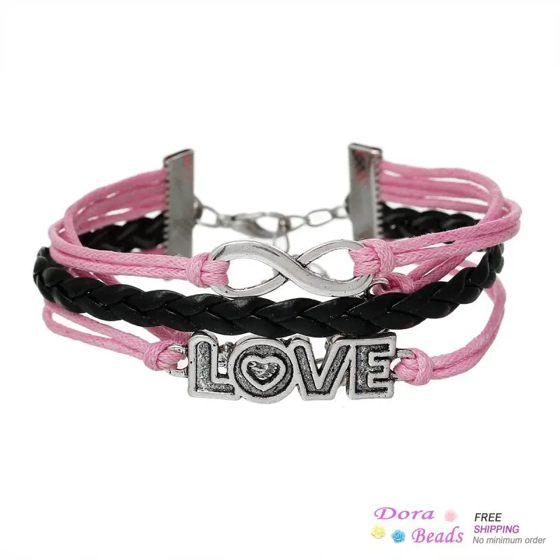Braiding Leatheroid Wax Rope Bracelets Pink&ampBlack Antique Silver Infinity Symbol Owl Halloween Love Findings 18cm (C00777) | Украшения и