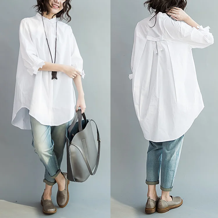 

2019 summer 100% cotton women white shirts fashion long-sleeve plus size large loose blouse bow fashion lady clothing 0.24KG