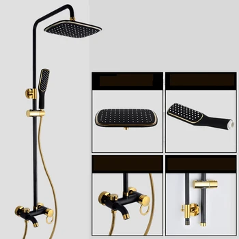 

Bathroom Shower Faucet Black And Golden Brass Rainfall With Shelf Bathtub Spout Hand Shower Sprayer Waterfall Shower Head
