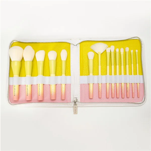 VDL+ My Destiny Pro 14Pcs Makeup Brushes Set Gradient Pink Yellow Soft Blusher Powder Complete Cosmetic Brush Kit with Bag - Handle Color: Yellow with bag