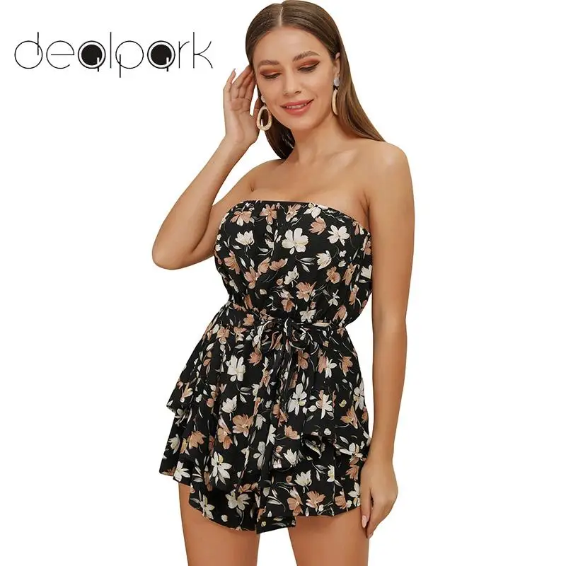 SELX Women Floral Print Off The Shoulder Wide Leg Ruffle Jumpsuits Romper