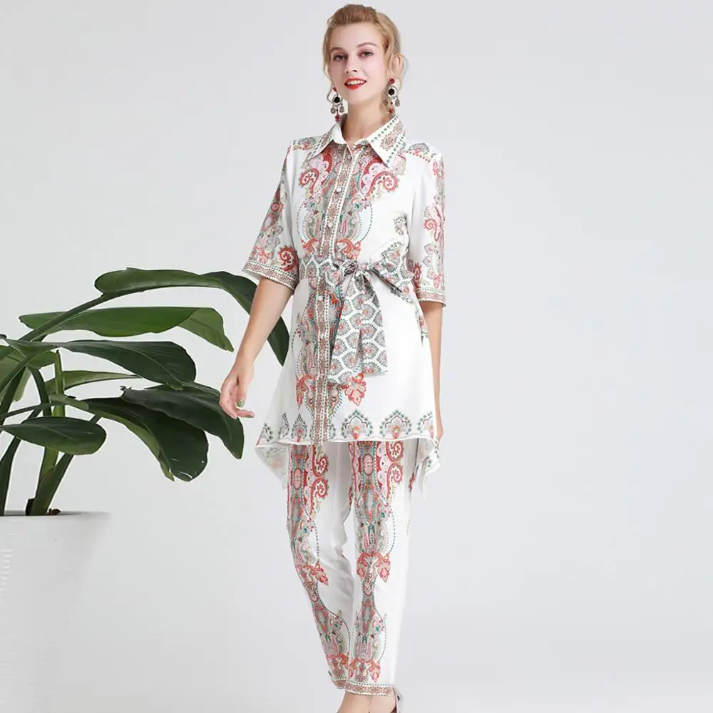 

Red RoosaRosee Runway Designer Fashion Women 2 Piece Set Vintage Flower Print Slim Shirt Tops + Pencil Pants Autumn Shirt Suits