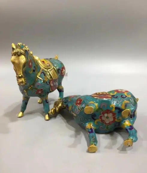 6 &quotБронза Медь cloisonne Эмаль Цветок Животное Лошадь статуя пара|Статуи и