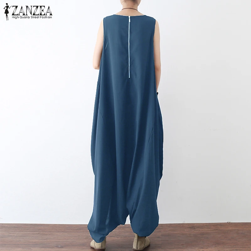 Rompers Women Jumpsuit Summer ZANZEA Long Playsuit Overalls Solid Casual Loose Sleeveless Pockets Maxi Robe Femme Plus Size