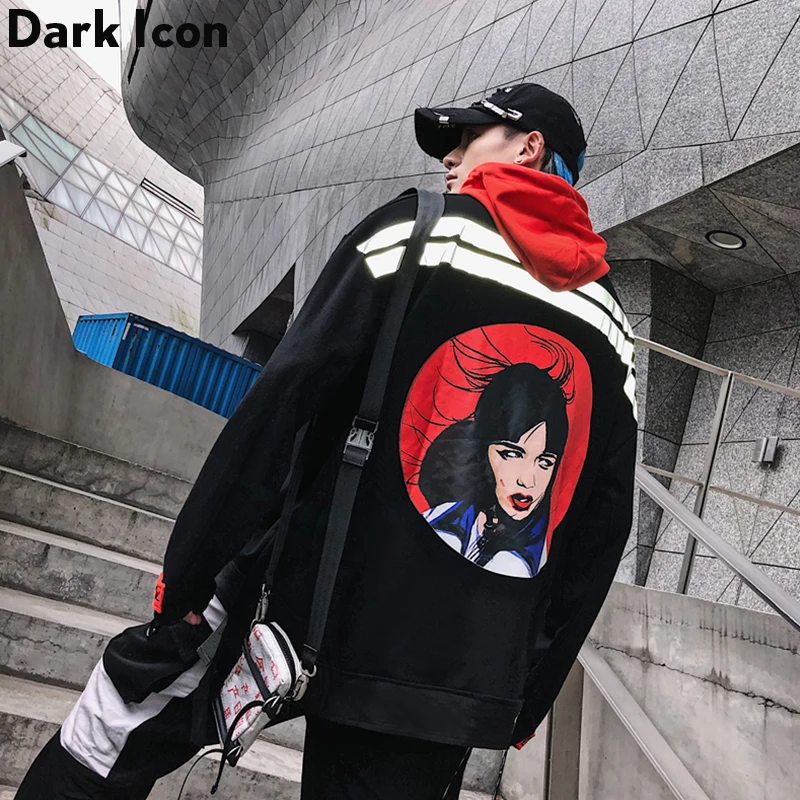 

Dark Icon Girl 3M Reflective Hip Hop Hoodie Men Pullover Front Pocket Mens Sweatshirts and Hoodies Streetwear Hooded Men