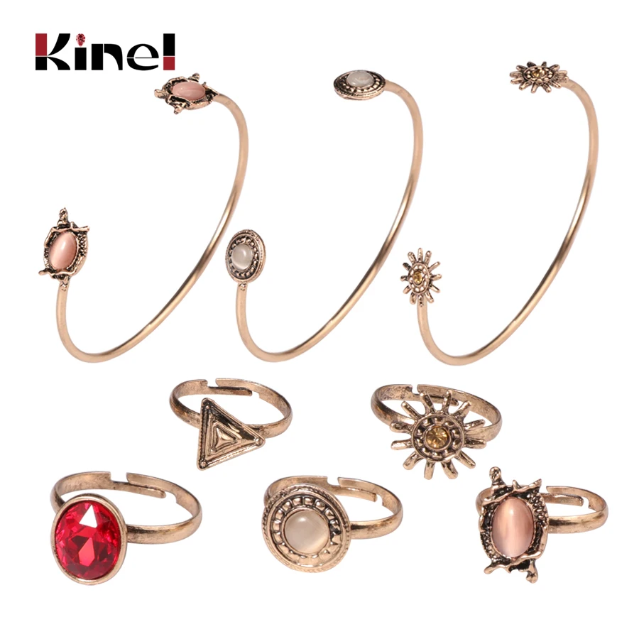 

Kinel 8pcs Boho Sun Flower Jewelry Sets For Woman Open Cuff Bangles Adjustable Rings Geometric Vintage Jewelry Set Female Gift