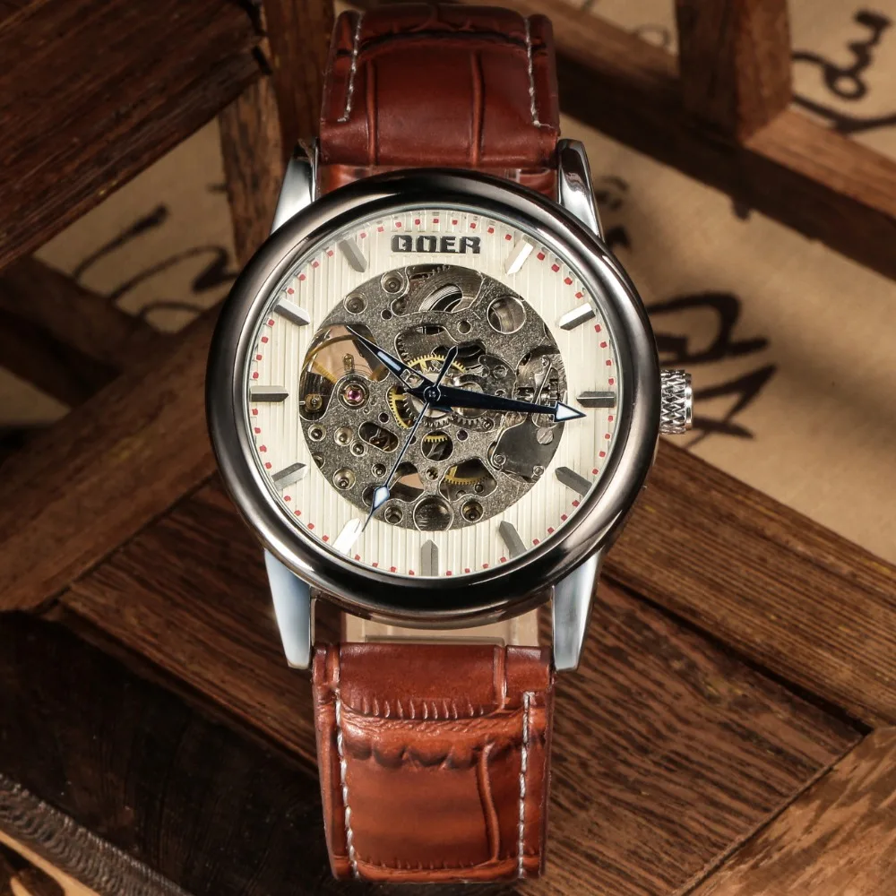 GOER brand Men s leather wrist watch sports waterproof mechanical Automatic male Luminous Skeleton Watch