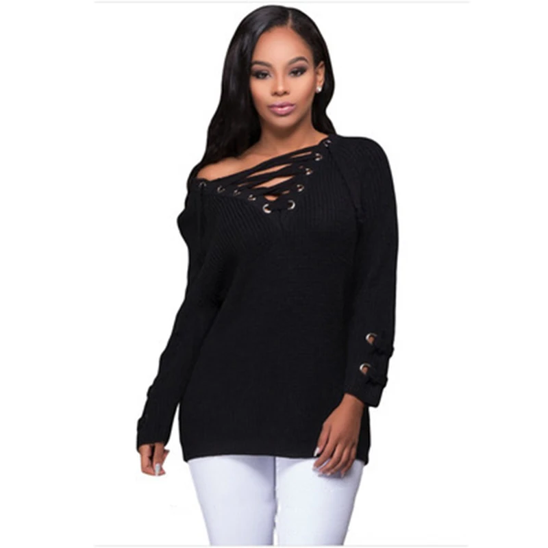 Women Sweaters And Pullovers Lace Up V-Neck Jumper Long Sleeve Casual Crop Knitted Tops Black/Burgundy Knit