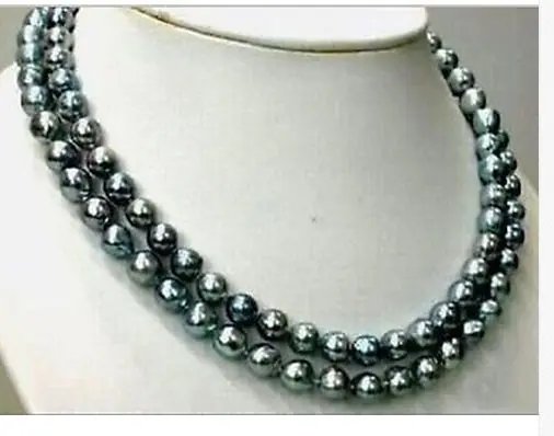 

double strands 9-10mm AAA tahitian peacock green pearl necklace 38inch14KGP