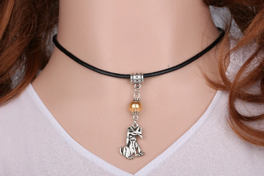 Puppy Dog Necklace Pendant Glass Bead Charms Vintage Silver Choker Collar Leather Statement Hot