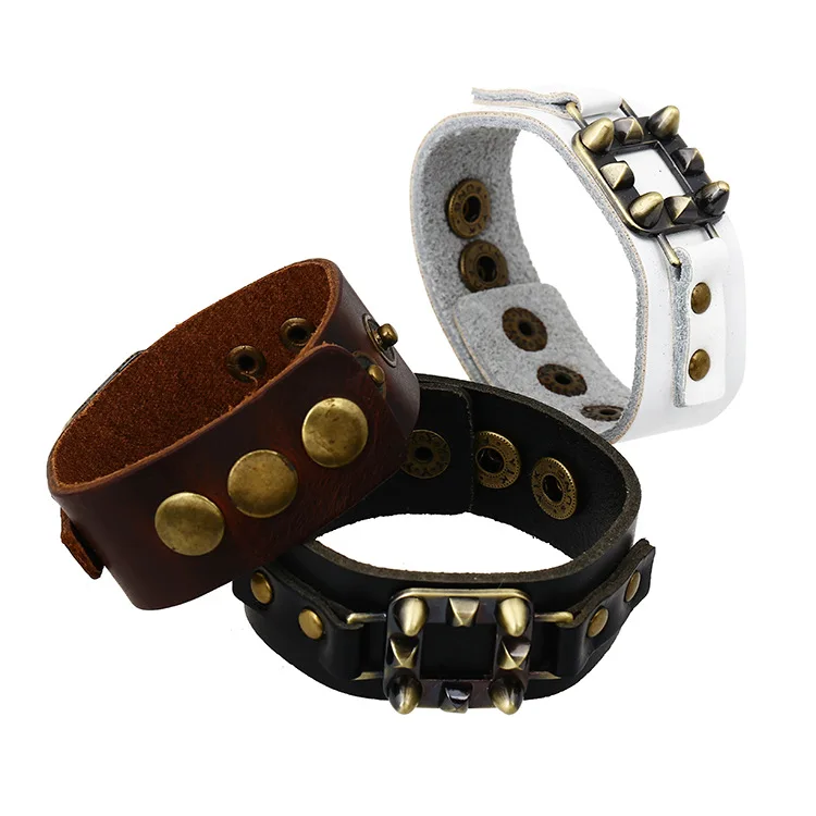 

Boho Gypsy Hiphop Hippie Punk Brown Black White Leather Copper Rivets Charm Buttons Adjustable Unisex Wide Big Bracelets Bangles