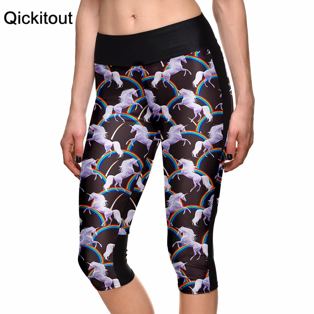 

S-XL New arrival Sexy Hot women's 7 point pants Rainbow Shenma monster digital print women high waist Side pocket phone pants