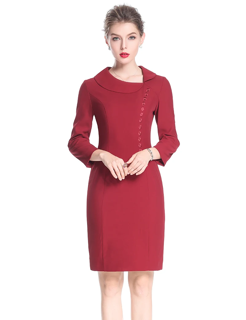 Embroidery Women Sheath Dress Peter Pan Collar Elegant Long Sleeve Work