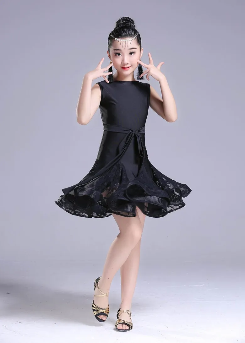 Черное платье для латинских танцев, детский бальный костюм для девочек, ча-ча/Румба/Самба/Танго, Одежда для танцев, платье для соревнований