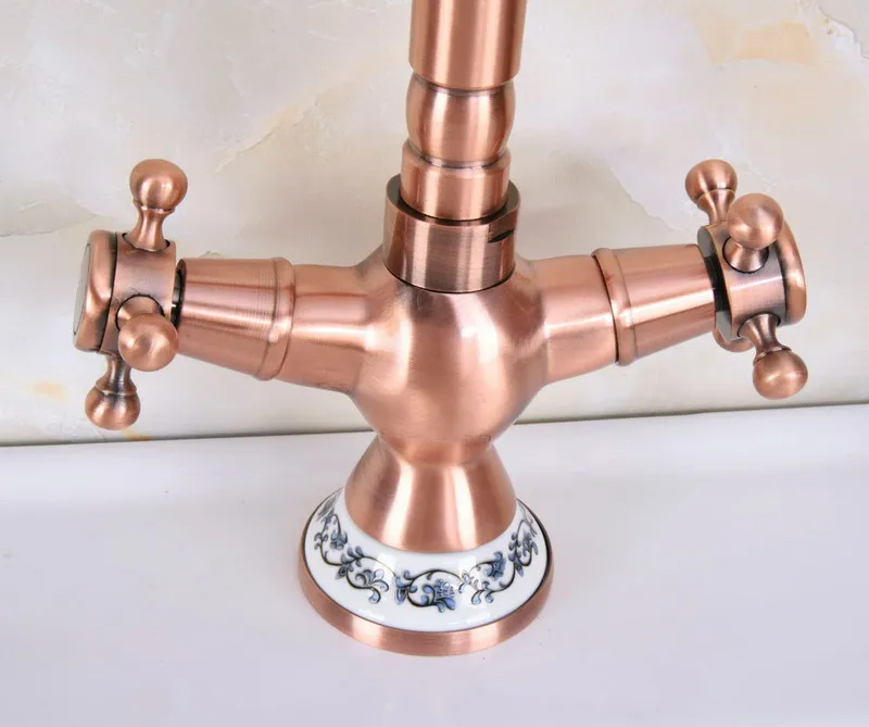 Antique Red Copper Brass Dual Cross Handles Bathroom Kitchen Basin Sink Faucet Mixer Tap Swivel Spout Deck Mounted mnf613