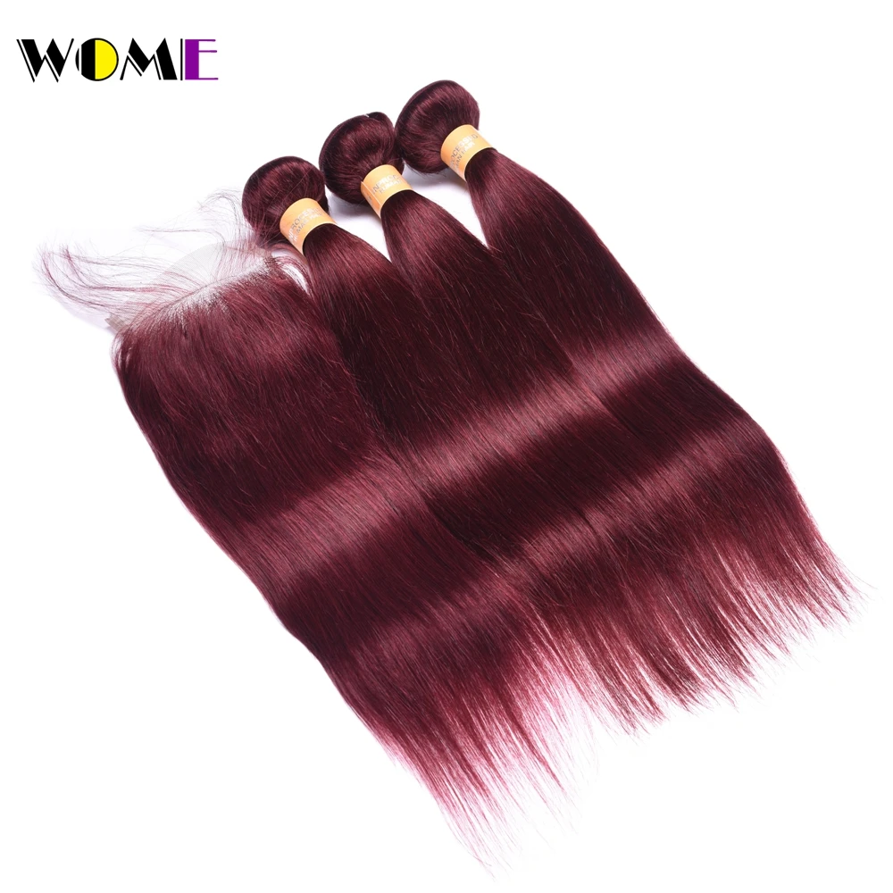 Wome Hair Straight Bundles With Frontal Indian Human Hair Bundle With Closure Ombre Burgundy Pre-Colored Non-remy #99j