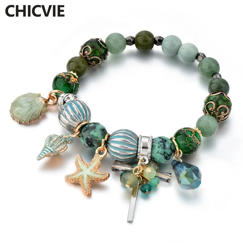 CHICVIE, браслеты дружбы с зеленой раковиной и морской звездой, подвески для женщин, изготовление ювелирных изделий на заказ, браслеты с подвесками SBR180080