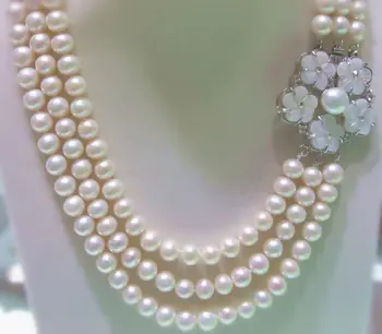 

New Design Natural 9-10mm White Freshwater Pearl&Nice Flower Shell Necklace