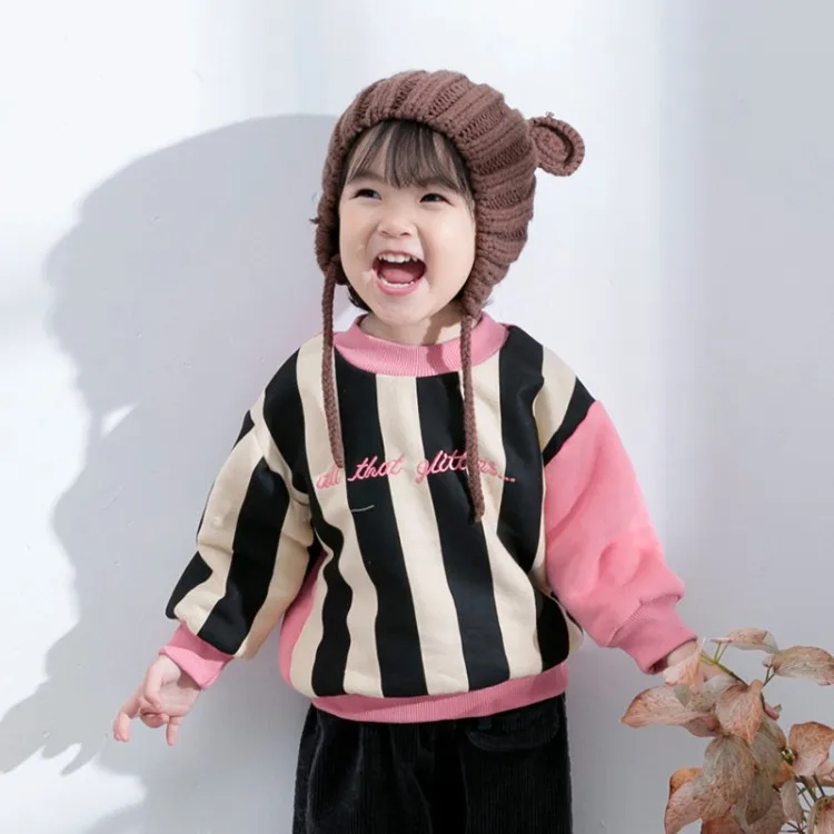 

2019 Autumn Winter Children's Sweater Boys and Girls Long Sleeve T-shirt Baby Vertical Stripes Velvet Thick Pullovers Sweater