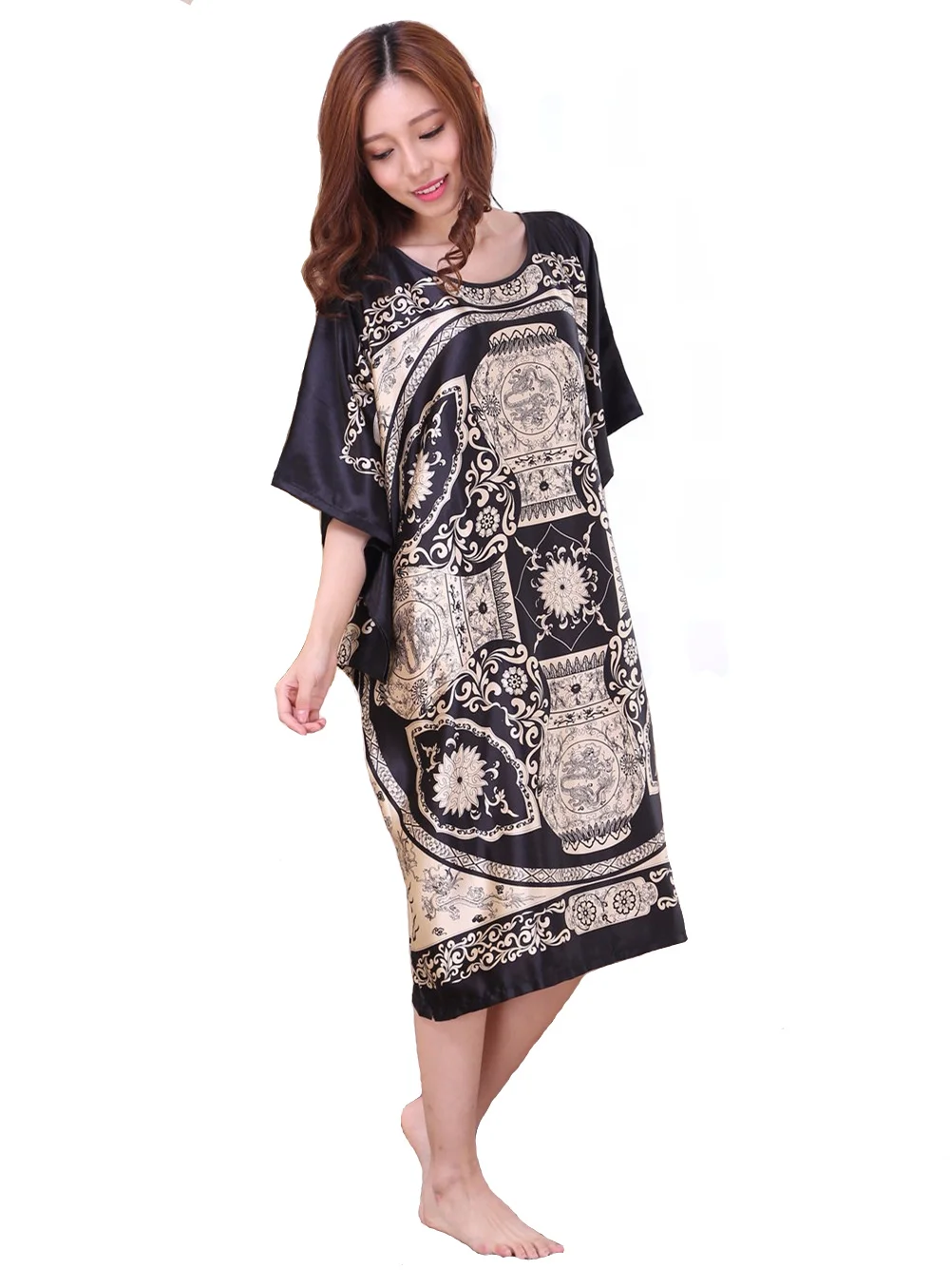

BLACK Plus Size Women's Faux Silk Robe New Fashion Style Summer Lady Bath Gown Bathrobe Nightgown Sleepwear Mujer Pijama 0524