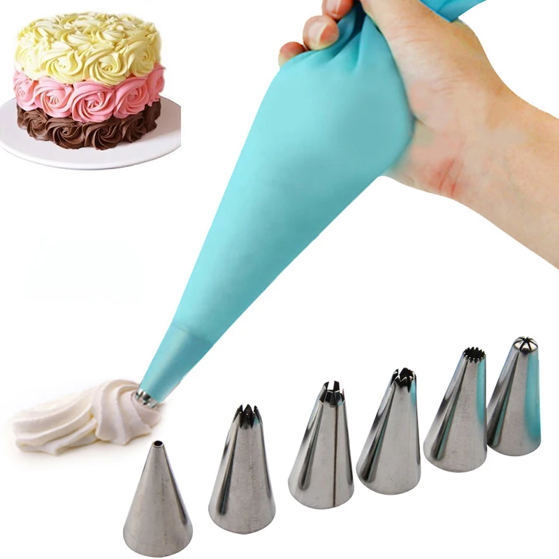 

Silicone Icing Piping Cream Pastry Bag + 6x Stainless Steel Nozzle Set cooking fondant cake decorating tools kitchen accessories