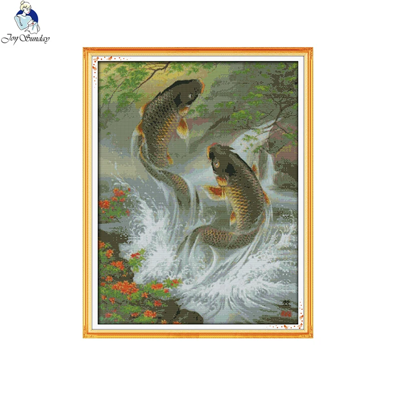 

The Fish Leaping Over the Dragon Gate Cross Stitch Aida 14ct 11ct Printed Canvas Cotton Thread Embroidery DIY Needlework Set