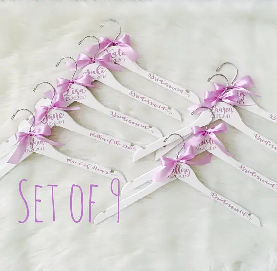 

lilac bow Set of 9 wedding bridesmaid bride squad dress hangers with names Bridal shower maid of honor Hanger party gifts