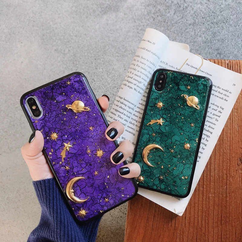 

Glitter Foil Marble Phone Cases For iphone XS Max Case For iphone XR X 6S 6 7 8 Plus Back Cover Cartoon Moon Planet Soft Capa