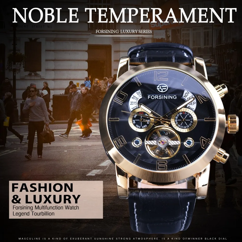 Мужские часы Forsining с золотым ободком и турбином на месяц из натуральной кожи, Роскошные автоматические часы от ведущего бренда
