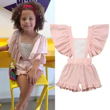 Модная детская одежда с открытой спиной для маленьких девочек, летние комбинезоны с оборками, хлопковые льняные Комбинезон пляжный костюм