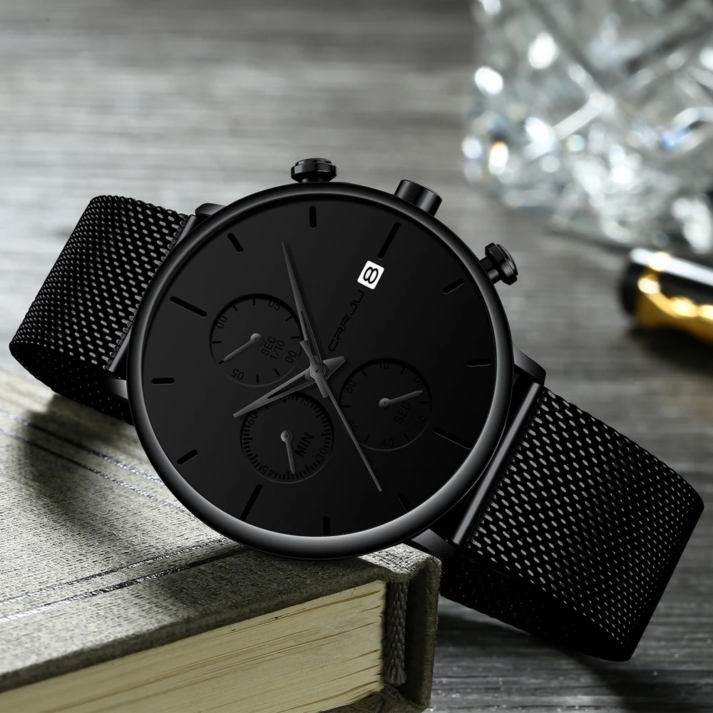Luxury Brand Crrju Men Watch New Minimalist Multi-Function Chronograph Waterproof Mesh Wristwa-6