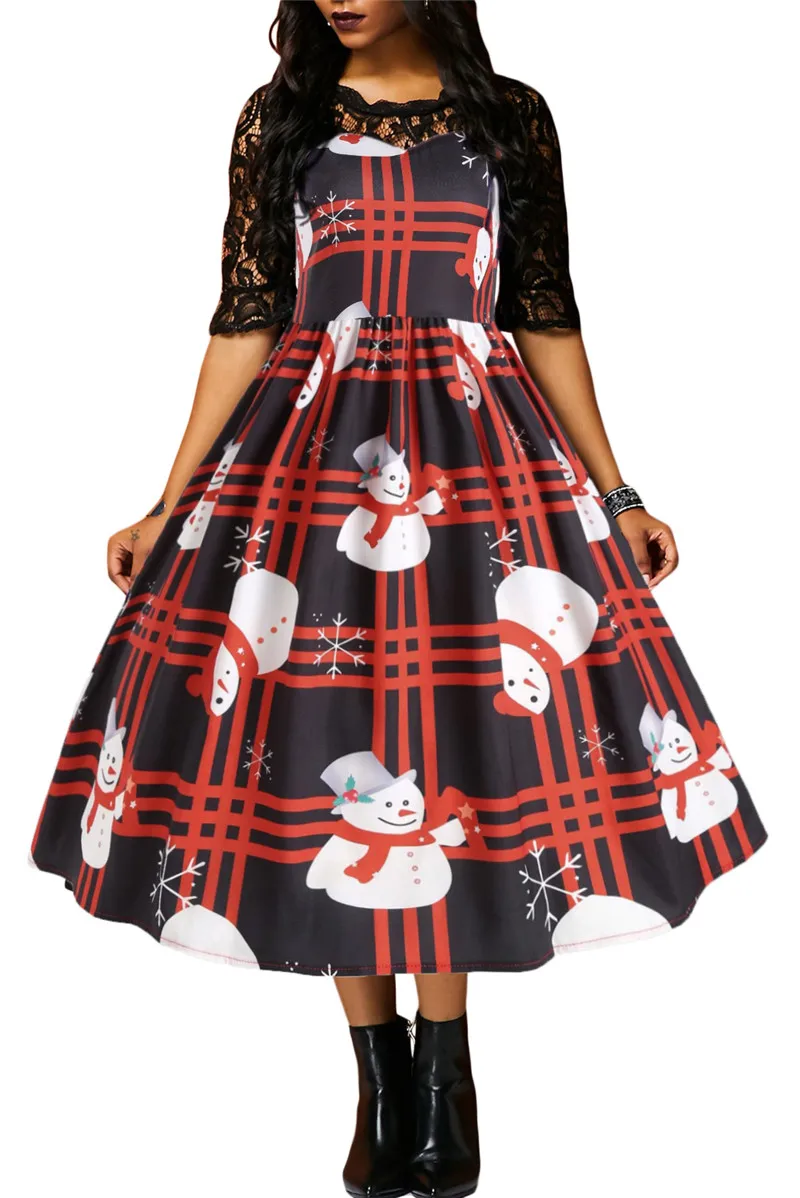 Vintage-Snowman-Plaid-Christmas-Print-Flared-Dress-LC610920-3-1