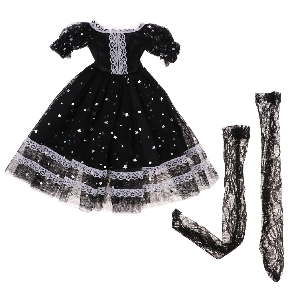 Fashion Star Princess Gauzy Dress Doll Party Dress with Lace Stockings for 1/3 BJD 60cm Dolls Party Dress Up Black
