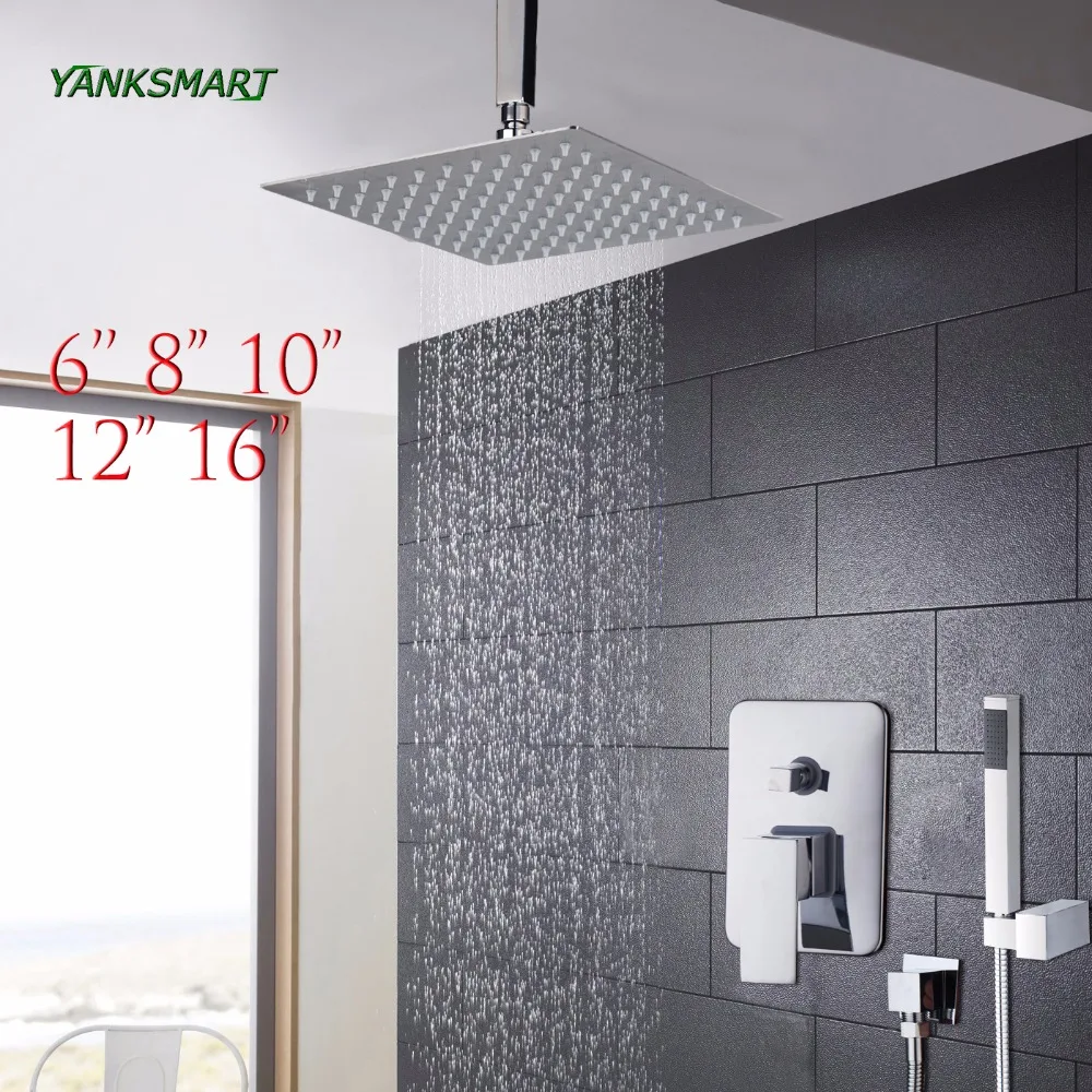 

YANKSMART Ceiling wall mount 6 8 10 12 16 inch shower head set with control valve hand sprayer chrome polished bathroom Kit